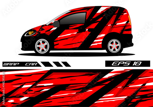 Vibrant Red Car Wrap Design with Abstract Patterns