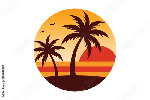 sunset with palm trees on white background