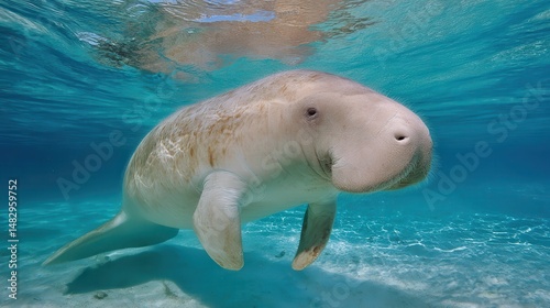 Close-up view of a docile sea cow submerged in turquoise water.