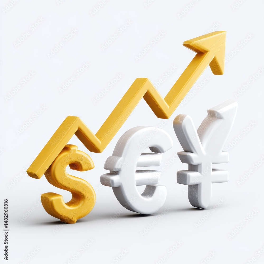 Rising global business growth is symbolized by yellow arrow above currency symbols representing sme financial success Rising global business growth is symbolized by yellow arrow above currency symbols representing sme financial success