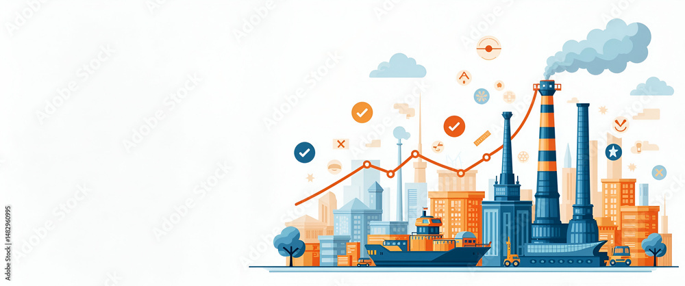 Visualizing Economic Slowdown: Tariff Impact on Industrial Output, Consumer Activity, and Market Contraction - Stock Photos with Left Space for Text Visualizing Economic Slowdown: Tariff Impact on Industrial Output, Consumer Activity, and Market Contraction - Stock Photos with Left Space for Text