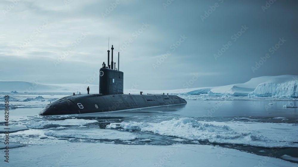 Fototapeta premium Submarine navigating frigid arctic waters.