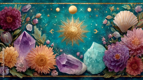 Summer Solstice Ceremony background images A vibrant cosmic composition with crystals and flowers in harmony. wallpaper interiors backdrop design wall art for design artwork