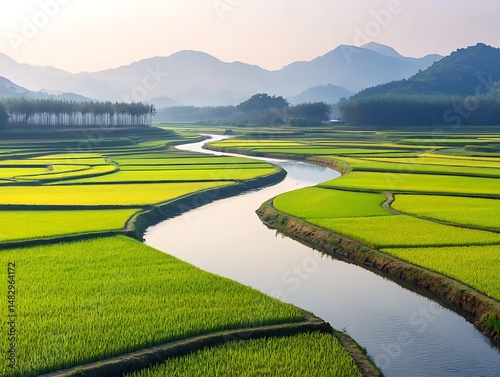 Serene Asian Rice Terraces Lush Green Fields and Winding River Stunning Landscape