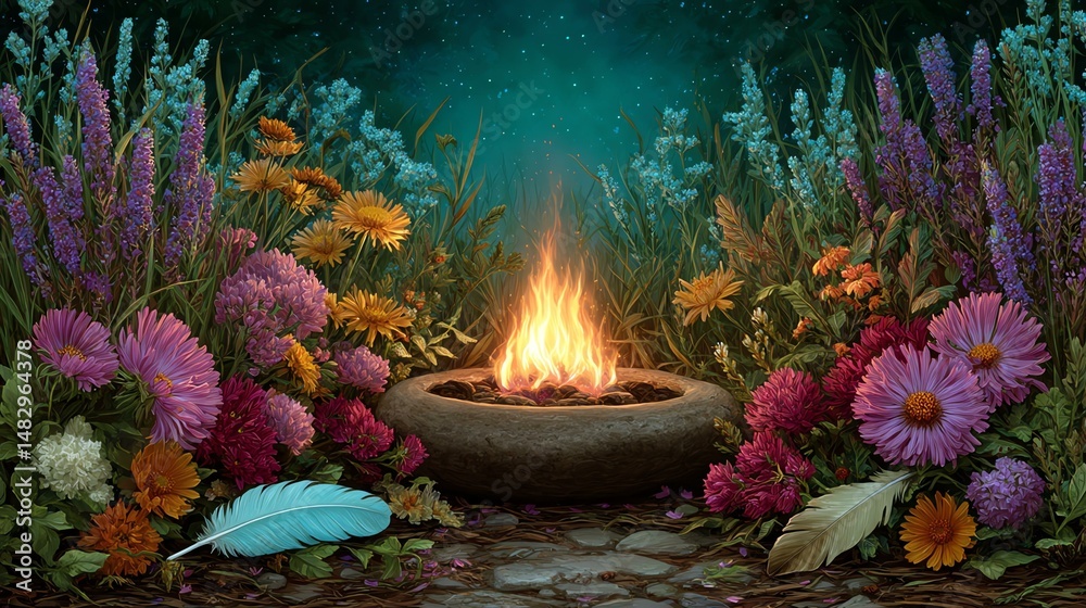 Fototapeta premium Summer Solstice Ceremony background images Vibrant garden flowers surrounding a cozy campfire at night. wallpaper interiors backdrop design wall art for design artwork