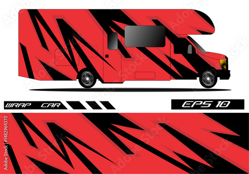 Bold Red and Black RV Wrap Design for Travel Adventures