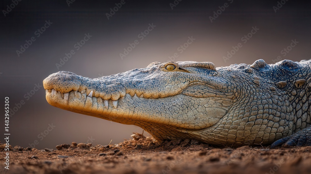 Obraz premium Close-up profile of a reptile resting on the ground.