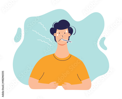 Sick man with thermometer. Unwell adult with fever and chills. Healthcare concept. Vector illustration.