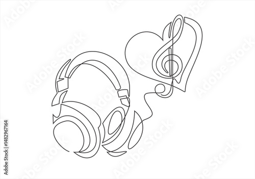 Love Music and headphones with heart or  vector icon for musical apps and websites background vector illustration. one line continuous drawing. Editable stroke.