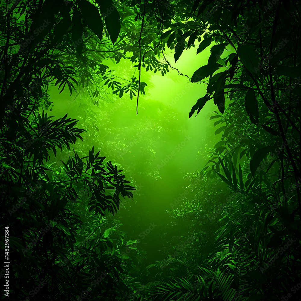 Fototapeta premium Lush Jungle Canopy, Verdant Forest, Mystic Light, Ideal for Wallpaper, Nature Background
