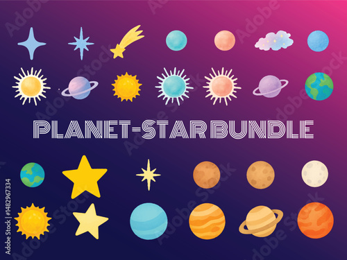 Hand-drawn watercolor galaxy space bundle with planet and star, illustrator vector