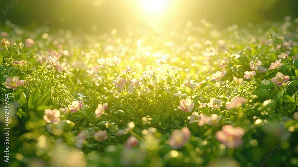 Fototapeta premium Sunny field of pink flowers with blurred background