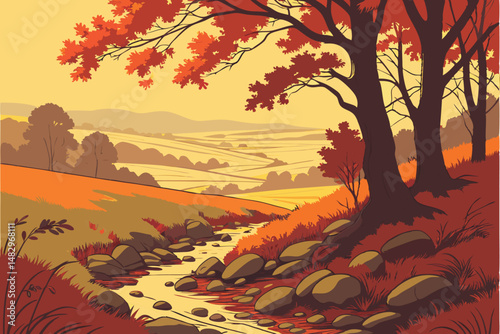 76 Vibrant autumn landscape, rustic river stones, lush foliage, golden fields, atmospheric lighting, detailed textures, digital painting, highly detailed, intricate, vivid colors, cinematic compositio