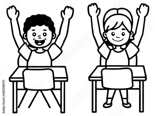 Students raising hands at school desks for classroom coloring sheets, educational posters, back-to-school activities and learning visuals

