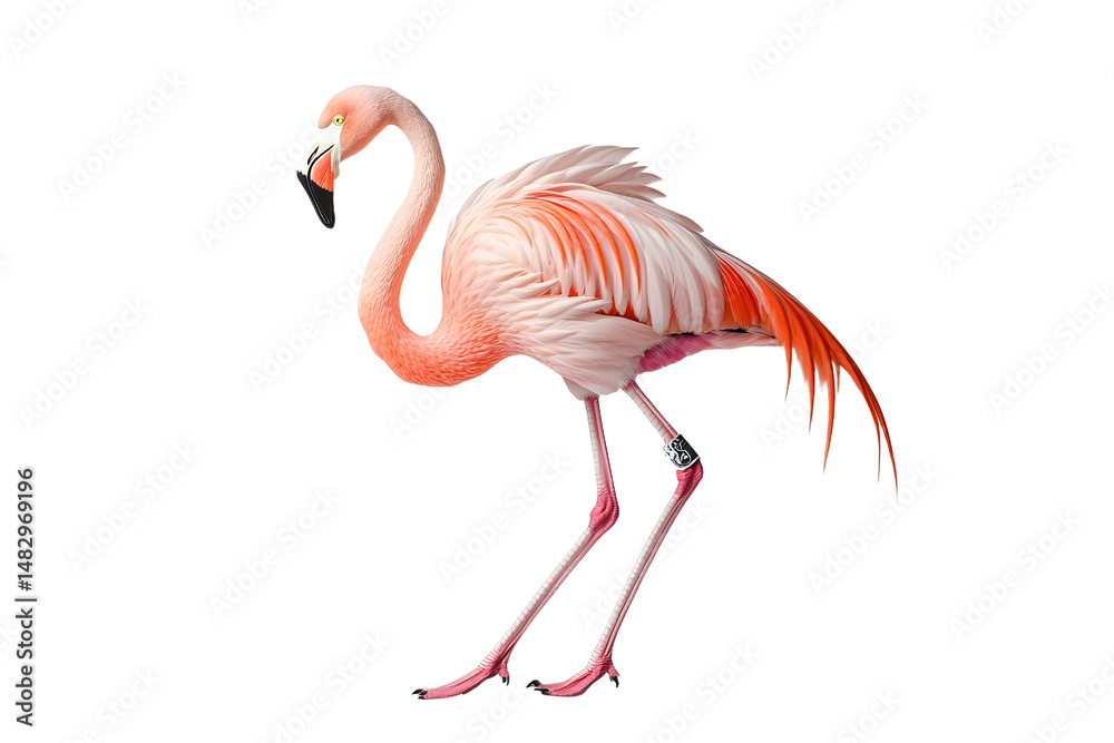 Fototapeta premium Pink flamingo bird isolated on white background. Motion shot flamingo walking and standing gesture at white background. Studio bird photography for design and print. Animal collection portrait. AIG57.