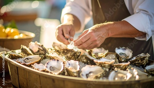 Chef expertly shucking fresh oysters on ice for a luxurious seafood event A close up view of the preparation process