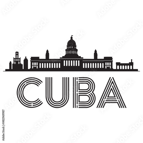 Vector Cuba skyline. Travel Cuba famous landmarks. Business and tourism concept for presentation, banner, web site. Vector black silhouette. with white background
