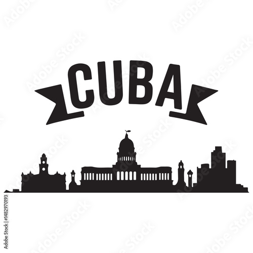 Vector Cuba skyline. Travel Cuba famous landmarks. Business and tourism concept for presentation, banner, web site. Vector black silhouette. with white background