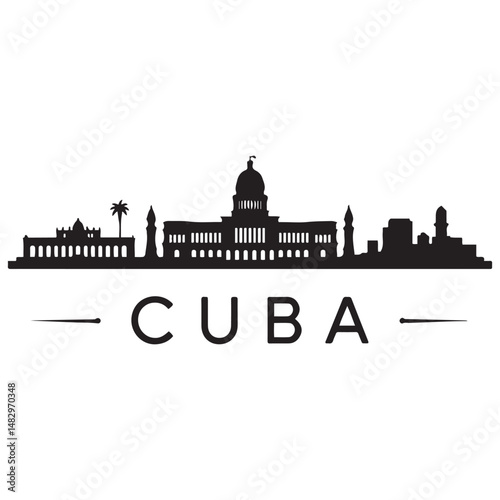 Vector Cuba skyline. Travel Cuba famous landmarks. Business and tourism concept for presentation, banner, web site. Vector black silhouette. with white background
