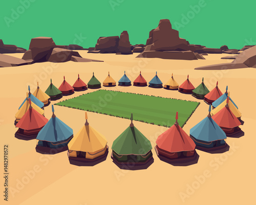 Colorful tent camp in desert landscape with green screen area
