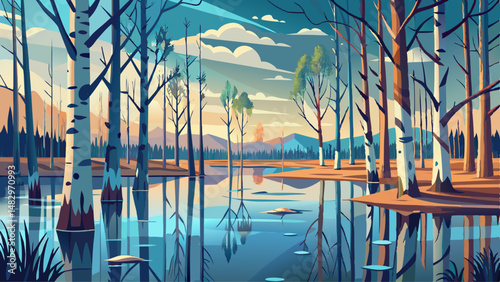 A tranquil scene of a flooded forest with tall, bare birch trees and their reflections in the calm water, Abraham Lake, Alberta, Canada, North America