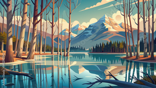 A tranquil scene of a flooded forest with tall, bare birch trees and their reflections in the calm water, Abraham Lake, Alberta, Canada, North America