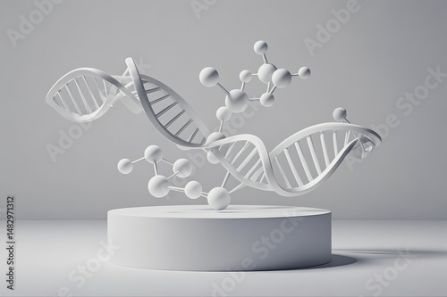 3d render of dna molecule and molecular structure displayed on a white podium representing scientific research and genetic engineering
