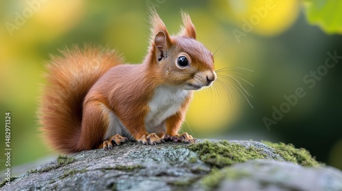 Cute red squirrel on mossy rock in forest with blurred green background