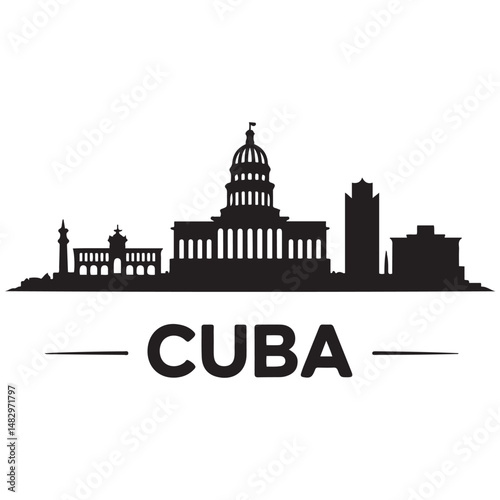 Vector Cuba skyline. Travel Cuba famous landmarks. Business and tourism concept for presentation, banner, web site. Vector black silhouette. with white background