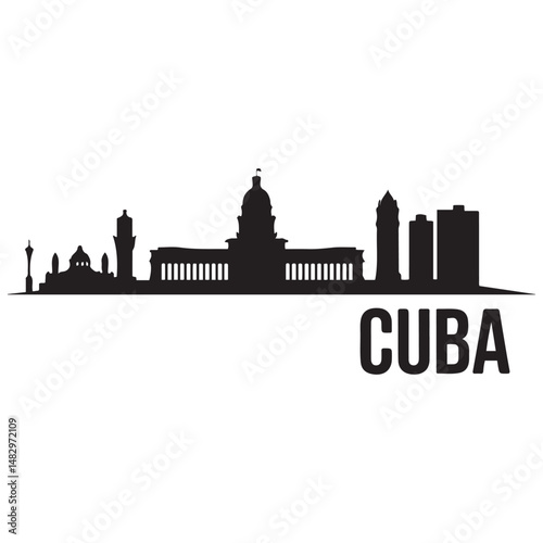 Vector Cuba skyline. Travel Cuba famous landmarks. Business and tourism concept for presentation, banner, web site. Vector black silhouette. with white background