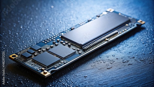 High-performance solid-state drive component on a dark, subtly textured surface with water droplets