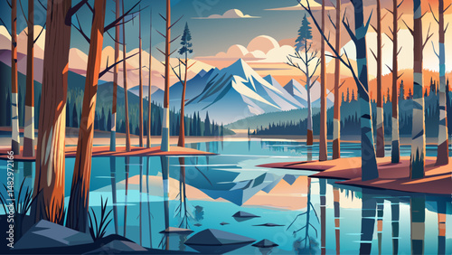 A tranquil scene of a flooded forest with tall, bare birch trees and their reflections in the calm water, Abraham Lake, Alberta, Canada, North America