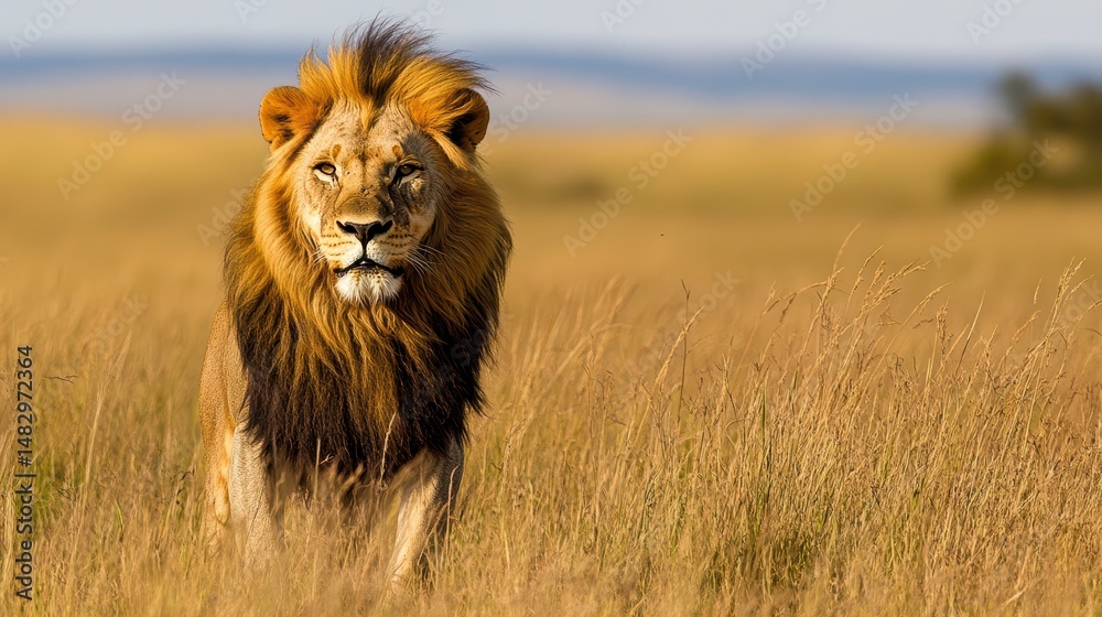 Fototapeta premium Male lion (Panthera leo) in savanna, Masai Mara National Reserve, Kenya, East Africa.