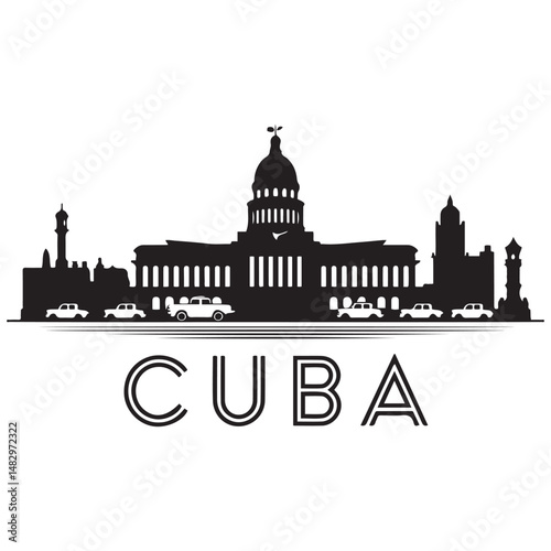 Vector Cuba skyline. Travel Cuba famous landmarks. Business and tourism concept for presentation, banner, web site. Vector black silhouette. with white background