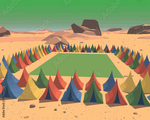 Colorful tent camp in desert landscape with green screen area