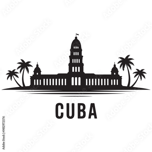 Vector Cuba skyline. Travel Cuba famous landmarks. Business and tourism concept for presentation, banner, web site. Vector black silhouette. with white background