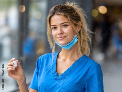 Nurse with face mask and medication