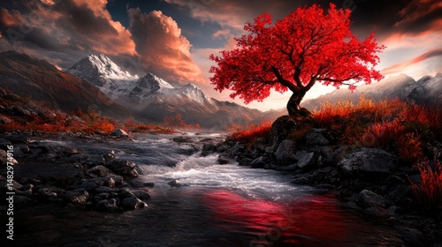 Vivid autumn landscape with a bright red tree by a mountain stream