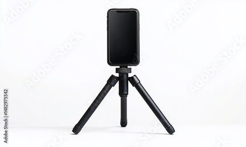 Minimalist smartphone on tripod against blank backdrop