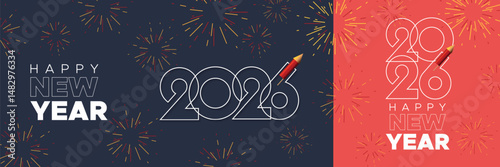Happy new year 2026 with festive fireworks on a blue night background. Concept of welcoming and celebrating the new year 2026