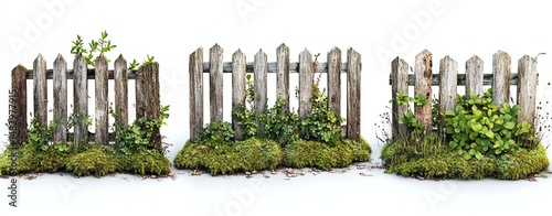 Old wooden fence overgrown with plants and grasses.