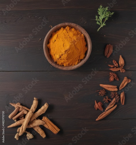 Dried turmeric, coriander & cinnamon on dark wood Warm spice tones , healthy, warm, powder