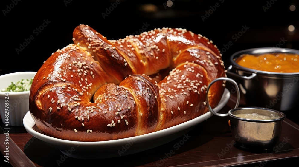 Fototapeta premium Giant pretzel with dipping sauces on a plate.