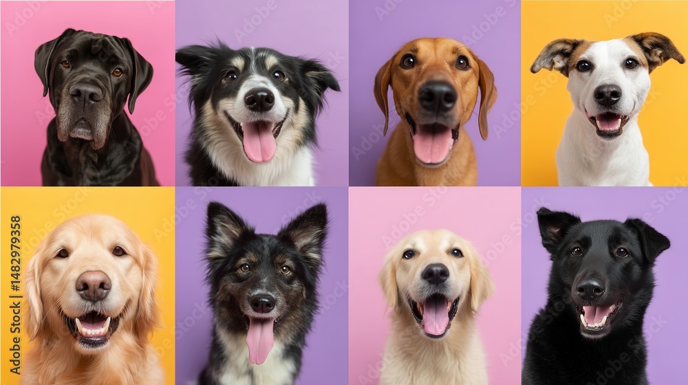Obraz premium Happy dogs posing for a colorful portrait in a studio setting with vibrant backgrounds during a photoshoot