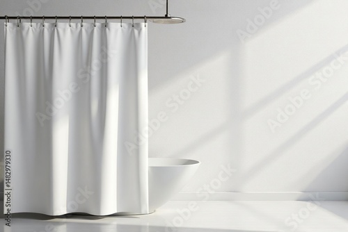 White shower curtain, textured fabric, bathroom setting, elegant, nylon, white