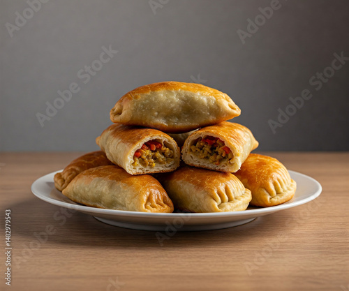 Belyashi, also known as Belyash, are pan-fried yeast dough pies stuffed with ground meat and onions, seasoned with garlic, black pepper, and salt. photo