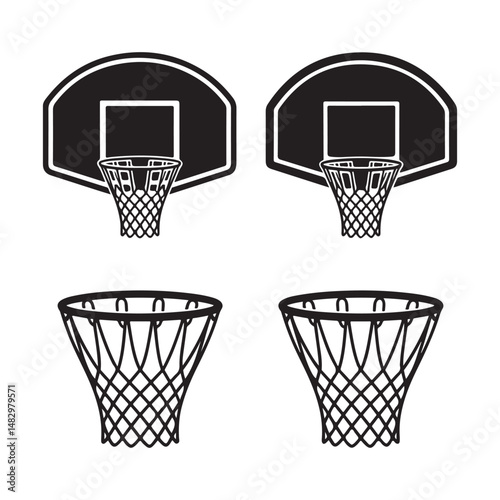 Hand-drawn black icons of basketball hoops in different angles and styles, perfect for sports illustrations and basketball-themed designs.