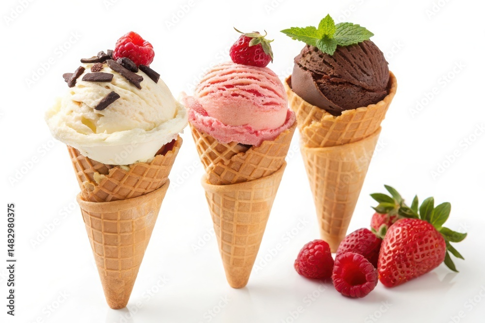 Delicious Ice Cream Cones Vanilla, Strawberry, Chocolate Delicious Ice Cream Cones Vanilla, Strawberry, Chocolate