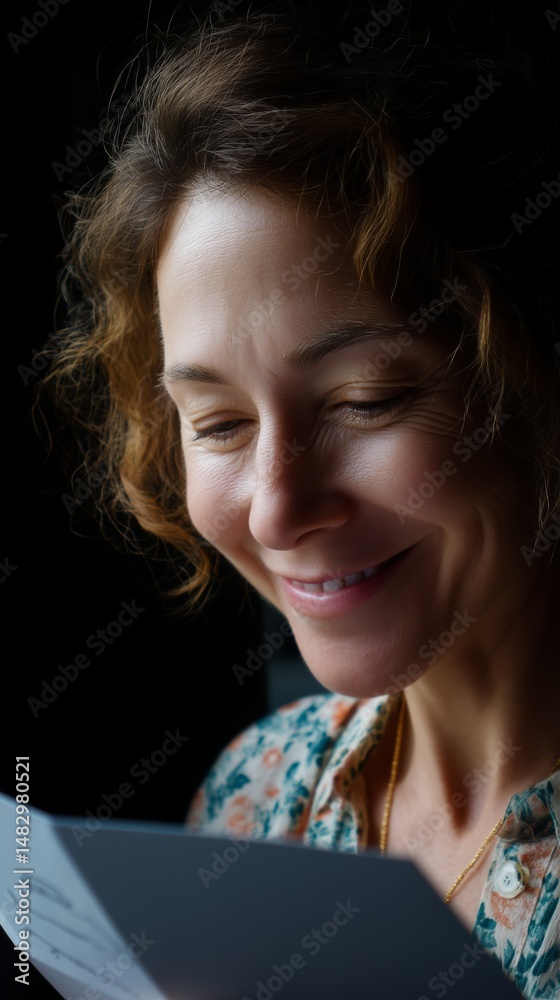 Woman smiles warmly while reading a letter indoors during late afternoon light