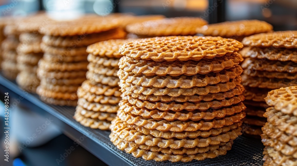 Obraz premium Stacks of syrup-coated stroopwafels on display in a market setting